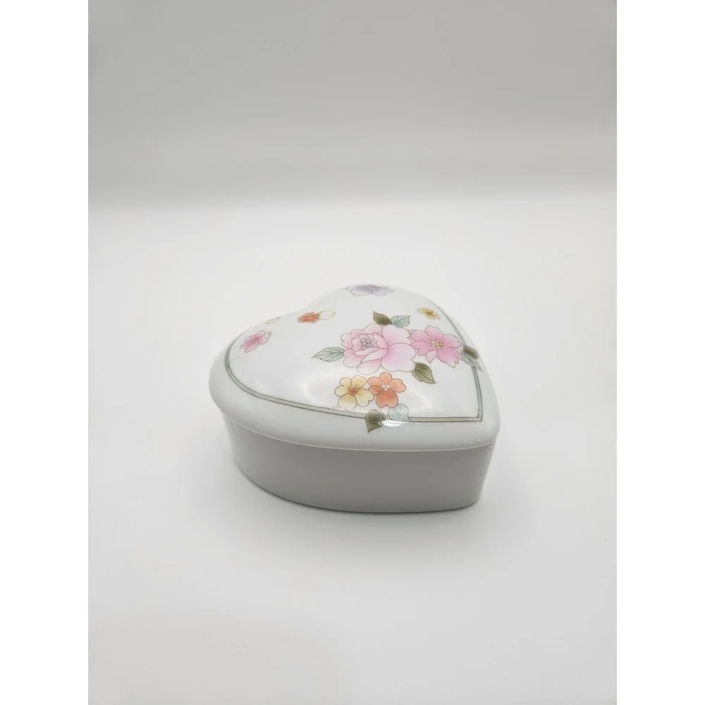 Vintage Porcelain Heart Shaped Floral Trinket Box, Japan